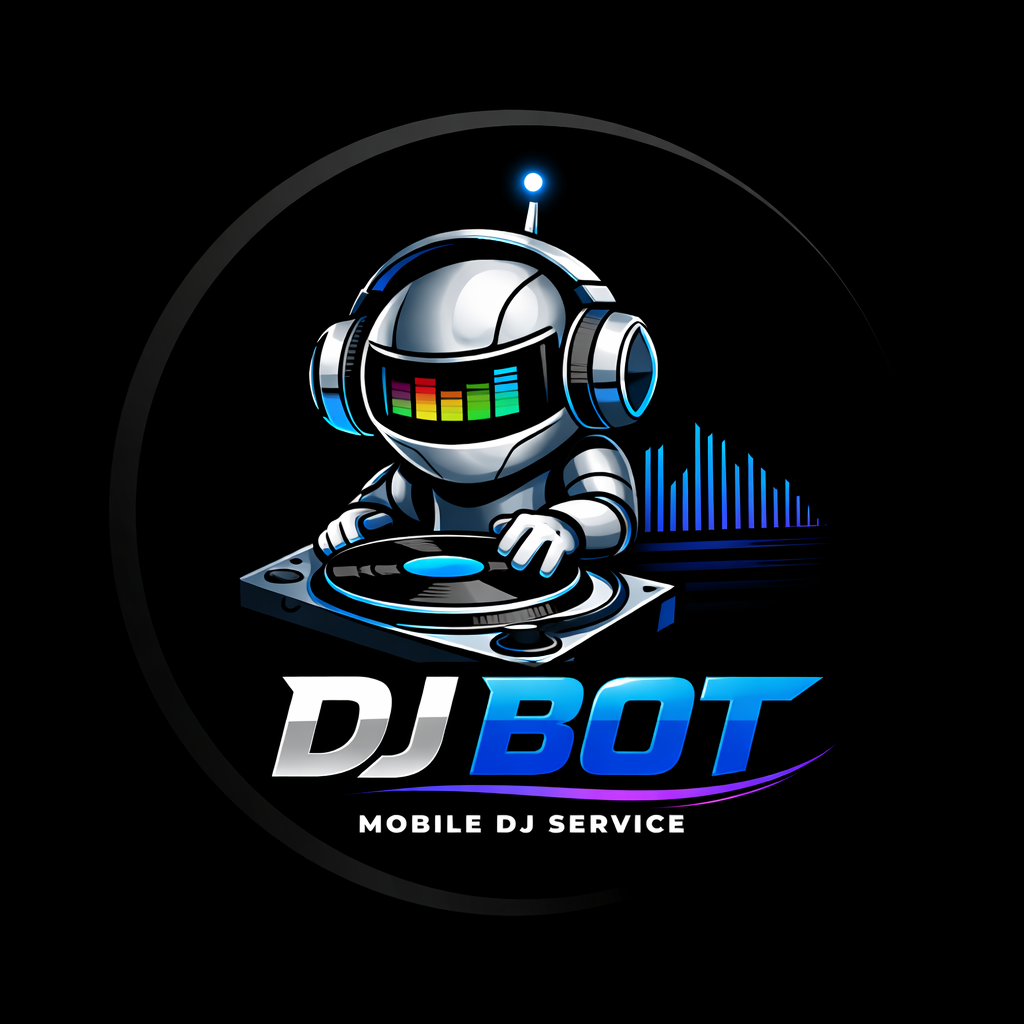 DJ BOT badge logo — robot DJ mascot